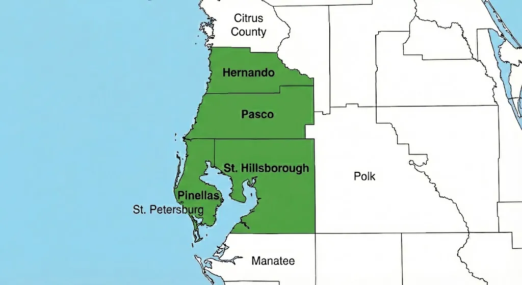 Tampa Land Prep service area map showing Hillsborough, Pasco, Pinellas, and Hernando counties highlighted in green